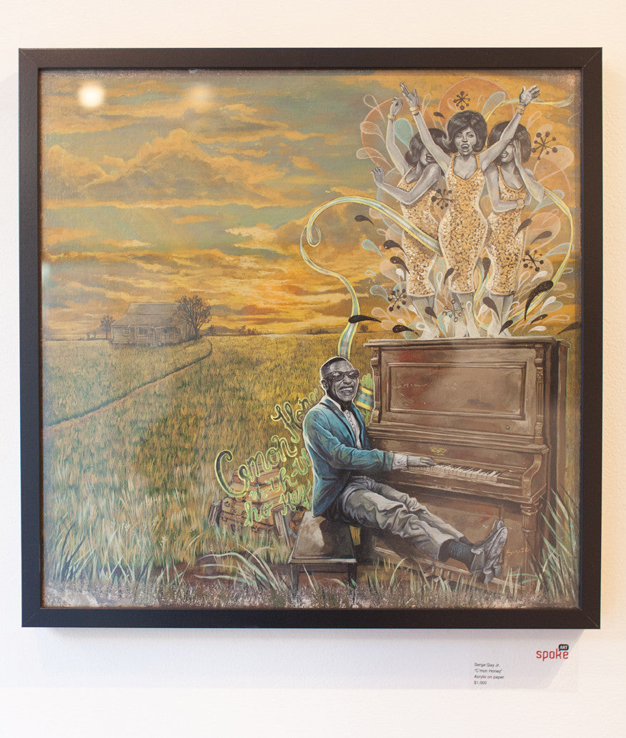 A framed painting by Serge Gay Jr. shows a man at a piano in a sunset field, surrounded by three dancing women. The acrylic on paper captures a rustic house beneath a golden sky.