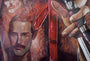 A painting by Serge Gay Jr. features a mustached figure echoing Freddie Mercury, holding a red pickaxe-like object and a microphone. The background pulses with warm tones and abstract shapes, capturing the vibrant essence of Queens iconic performances.