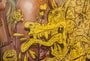A vibrant Serge Gay Jr.-style illustration shows a yellow cartoon creature with exaggerated features, drooling amid stars, hearts, skulls, and diamonds. A chaotic scene unfolds with a human figure wearing a bracelet in the background.