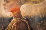 An acrylic painting by Serge Gay Jr. features a woman adorned with bees around her neck. Her hair transitions into a honeycomb pattern, complemented by a large chain necklace against an earthy backdrop of bees and plants, showcasing the artists unique style.
