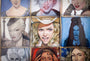 Prism Sticks collage, inspired by Serge Gay Jr., features nine diverse women with unique expressions. The central figure dons a cowboy hat and curly blond hair, while surrounding portraits showcase different hairstyles and accessories against vibrant Video Pop backgrounds.