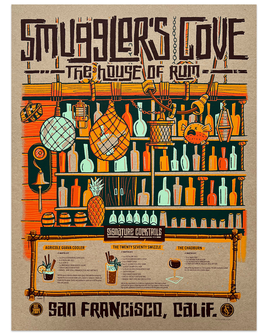 Ian Glaubinger's Smuggler's Cove featuring a view of the world famous tiki bar and three signature cocktails on chipboard