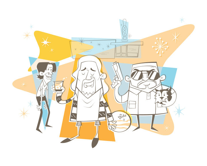 Ian Glaubingers vibrant Archival Giclee Print features three stylized characters: one with long hair sipping a drink, another in sunglasses holding a bowling ball, and a third with both a cat and handgun against an abstract backdrop of stars and geometric designs.