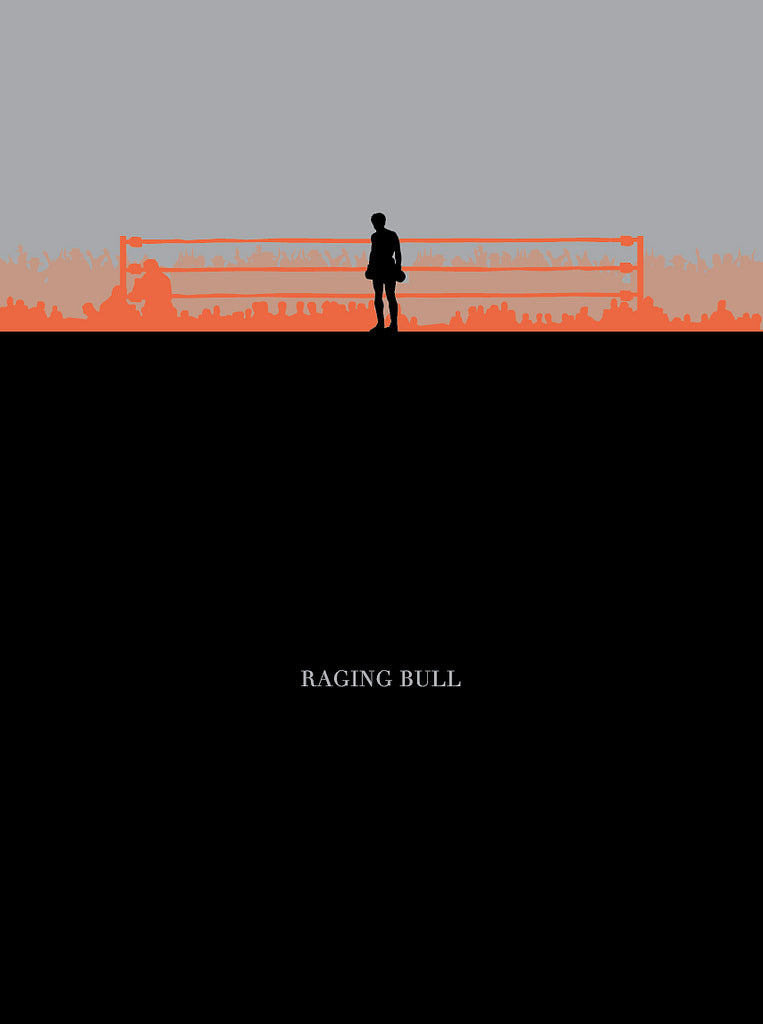Ibraheem Youssefs minimalist Raging Bull poster features a boxer silhouette in a ring with a gray and orange backdrop. This limited edition screen print highlights Raging Bull in white text on a plain black section centered below.