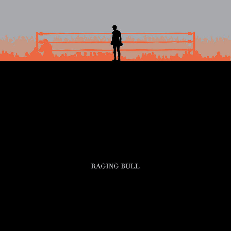 Ibraheem Youssefs minimalist Raging Bull poster features a boxer silhouette in a ring with a gray and orange backdrop. This limited edition screen print highlights Raging Bull in white text on a plain black section centered below.