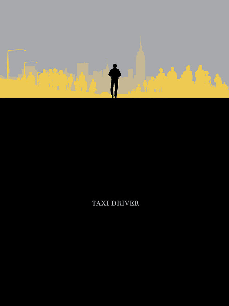 A silhouette of a person stands before a city skyline with skyscrapers under a yellow and gray sky. Taxi Driver is displayed at the bottom on a black background, reflecting DeNiros iconic role—a perfect tribute for any Martin Scorsese art show by Ibraheem Youssef.