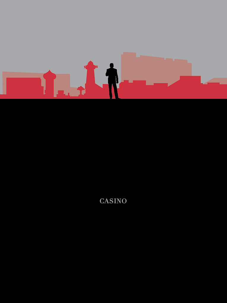 An intense Ibraheem Youssef limited edition screen print features a silhouette against a gray sky and red-toned cityscape, reminiscent of DeNiros Casino. The word CASINO is centered at the bottom, capturing Martin Scorsese fan art essence.