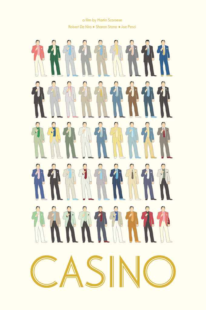 Illustrated poster by Ibraheem Youssef features 35 stylized figures in vibrant suits, topped with a film by Martin Scorsese, Robert De Niro, Sharon Stone, Joe Pesci and the word Casino at the bottom. This limited edition giclee print is ideal for any Martin Scorsese fan art collection.