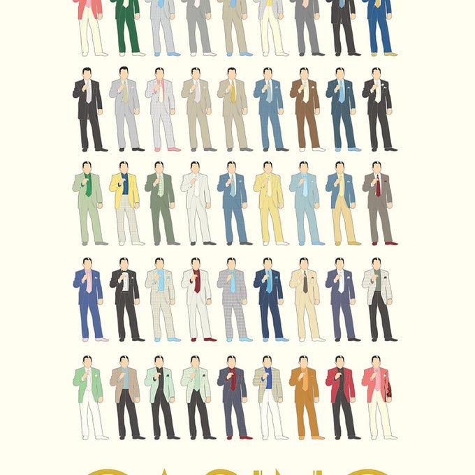 Illustrated poster by Ibraheem Youssef features 35 stylized figures in vibrant suits, topped with a film by Martin Scorsese, Robert De Niro, Sharon Stone, Joe Pesci and the word Casino at the bottom. This limited edition giclee print is ideal for any Martin Scorsese fan art collection.