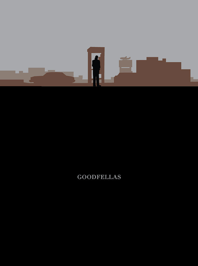 The limited edition screen print by Ibraheem Youssef for Goodfellas embodies Martin Scorsese fan art with a minimalist silhouette of a man near a phone booth, set against a gray skyline, buildings in the background, and GOODFELLAS boldly displayed below.