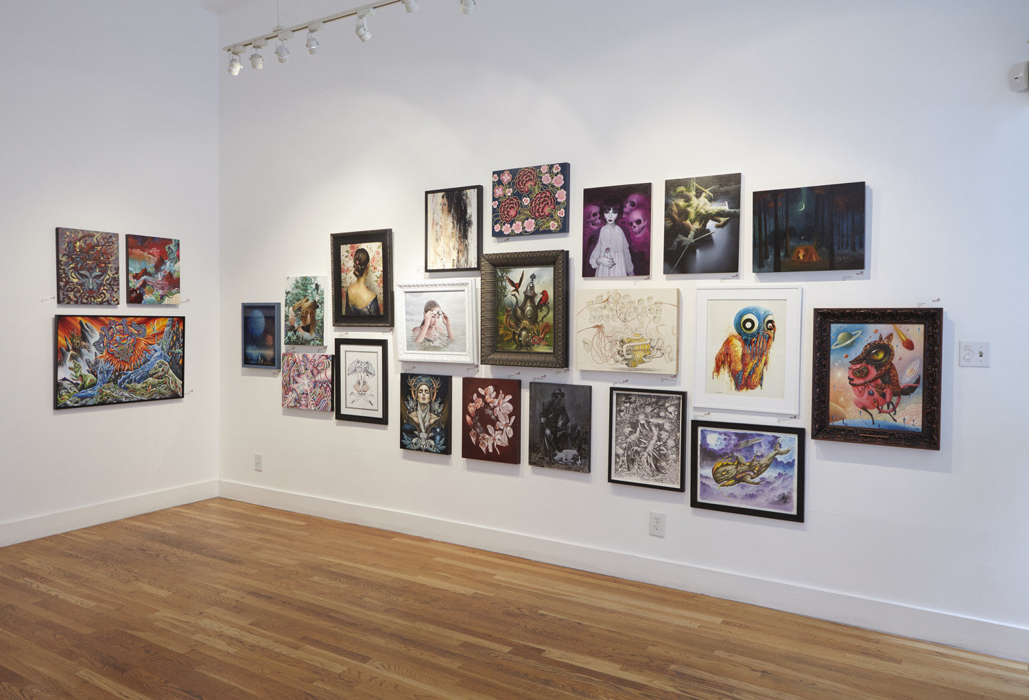 A gallery wall showcases framed artworks of animals, nature, and abstract designs. Inspired by Suggestivism: Resonance, the acrylic and ink pieces on panel shine against wooden floors and white walls, highlighting vibrant hues and eclectic styles from Jet Martinez.