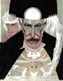 In a Nimit Malavia-inspired illustration, a stern man with a large hat and mustache stands as the Monkey King peeks over his shoulder. He wears an ornate robe featuring animal figures and circular motifs, set against muted colors on duralar.
