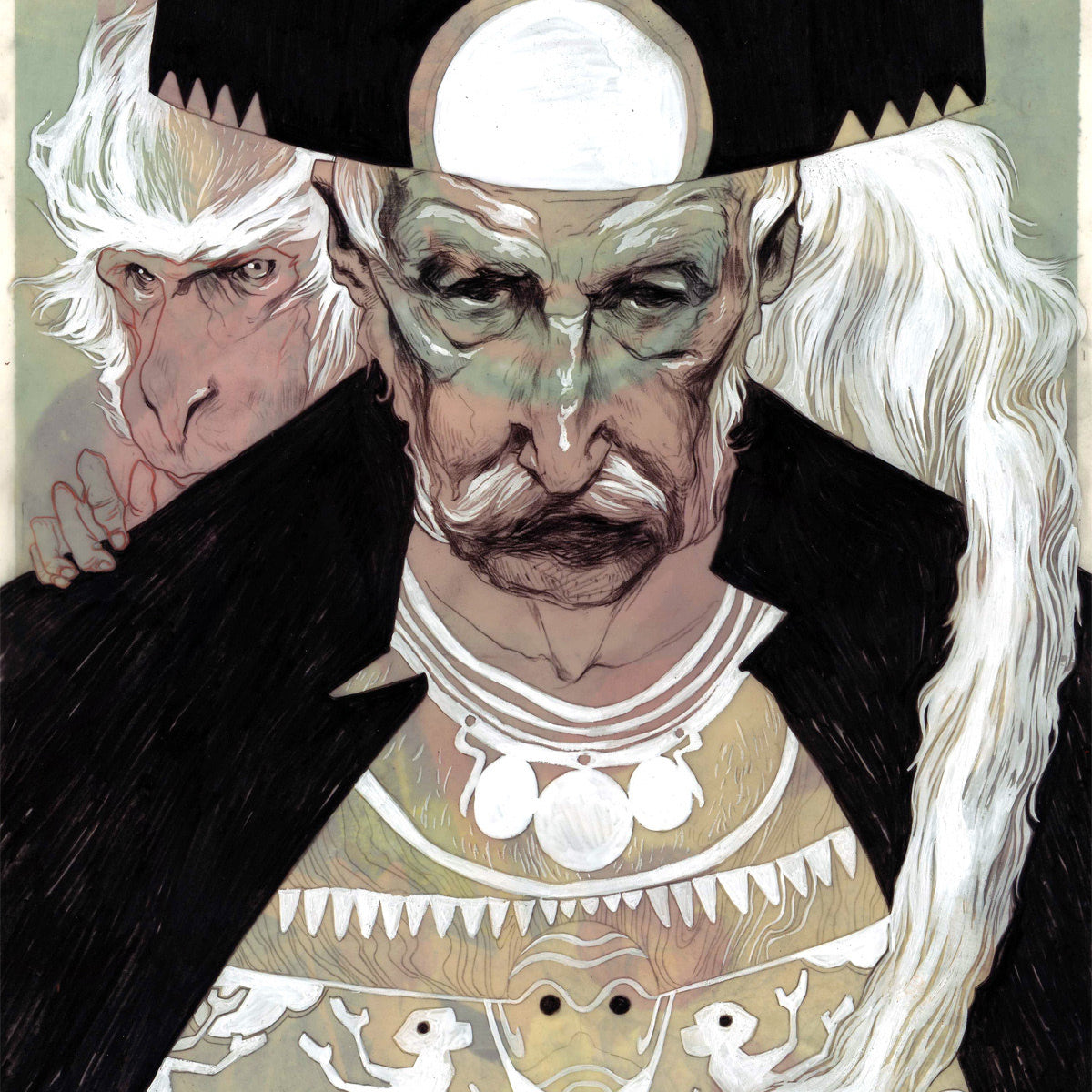 In a Nimit Malavia-inspired illustration, a stern man with a large hat and mustache stands as the Monkey King peeks over his shoulder. He wears an ornate robe featuring animal figures and circular motifs, set against muted colors on duralar.