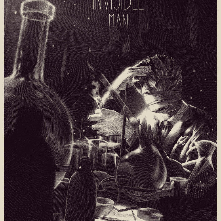 Nicolas Delorts limited edition black and white screen print depicts a bandaged man in a suit with a test tube surrounded by bottles and beakers. The Invisible Man stands out against the shadowy background, capturing the eerie essence of the iconic tale.