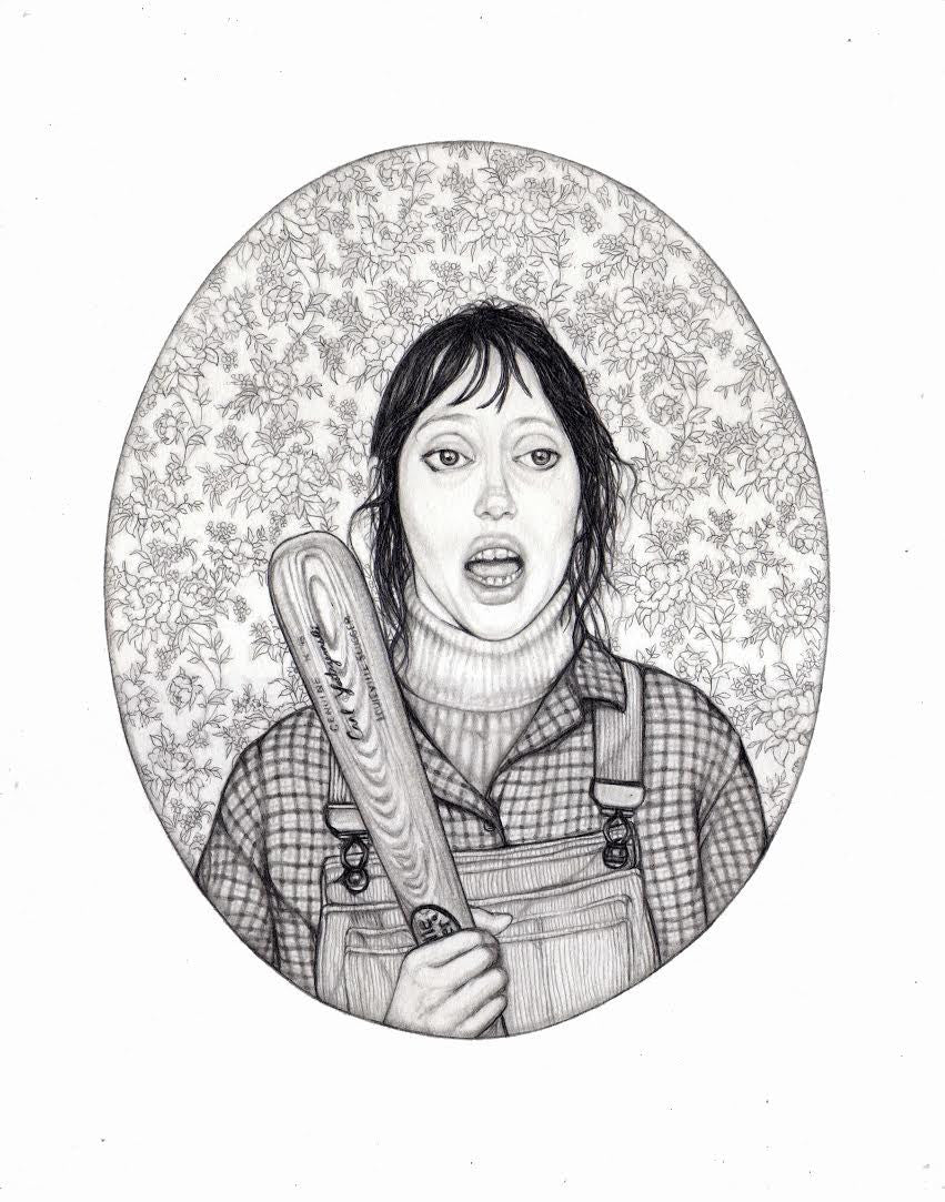 Irma Riveras graphite on paper depicts a person with long hair in a checkered shirt and overalls, holding a baseball bat. Set against a leafy background that accentuates their surprised or fearful expression, this artwork is ideal for enhancing any collection.