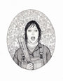 Irma Riveras graphite on paper depicts a person with long hair in a checkered shirt and overalls, holding a baseball bat. Set against a leafy background that accentuates their surprised or fearful expression, this artwork is ideal for enhancing any collection.