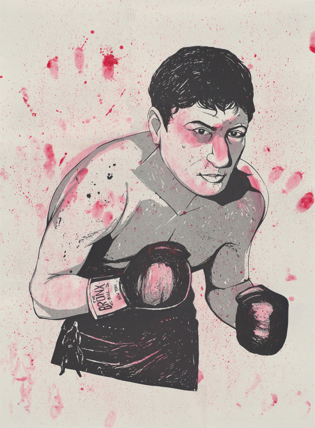 Illustration of a boxer in fighting stance with gloves and shorts, set against a background of splattered red and black ink for a dynamic feel. This limited edition screen print by Isaac Bidwell, inspired by Martin Scorsese fan art, captures his signature cinematic intensity.