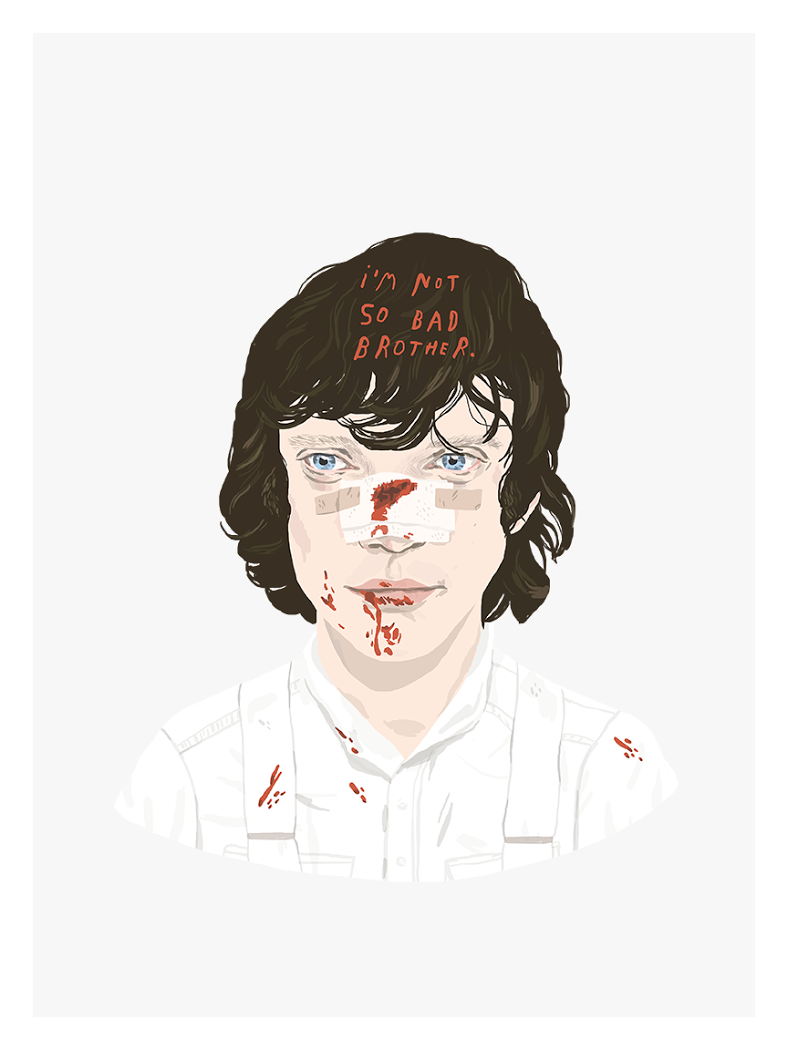 This Limited Edition art print showcases an illustration of a person with wavy brown hair, light blue eyes, and a blood-smeared face looking forward. The phrase im not so bad brother is inscribed on their forehead against a white background, celebrating Ivonna Buenrostros artistry.