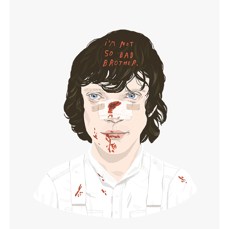 This Limited Edition art print showcases an illustration of a person with wavy brown hair, light blue eyes, and a blood-smeared face looking forward. The phrase im not so bad brother is inscribed on their forehead against a white background, celebrating Ivonna Buenrostros artistry.