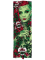 Rhys Coopers screen print shows a woman with long red hair, vibrant lips, and striking eyes amidst bold green and red colors. Ivy, flowers, vines, and carnivorous plants create an enchanting backdrop.