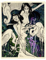 An artistic illustration of two entwined figures with long dark hair in J.A.W. Coopers style, set amid white herons and vibrant flowers. Rendered in India ink with intricate patterns and expressive lines against a lush green backdrop, it conveys a sense of possession over nature.