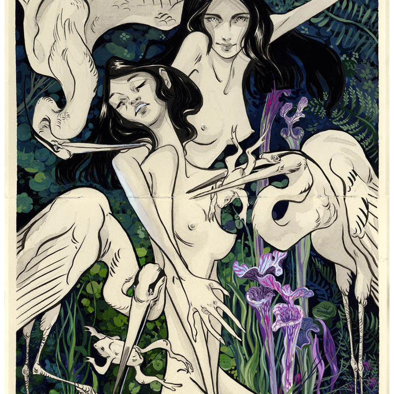 An artistic illustration of two entwined figures with long dark hair in J.A.W. Coopers style, set amid white herons and vibrant flowers. Rendered in India ink with intricate patterns and expressive lines against a lush green backdrop, it conveys a sense of possession over nature.