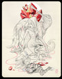 A J.A.W. Cooper-inspired surreal drawing shows a robed figure with mythical creatures, such as chameleons and dragon-like beings. A red and white geometric shape floats above, surrounded by intricate red lines created in gouache and graphite, adding to the mystical atmosphere.