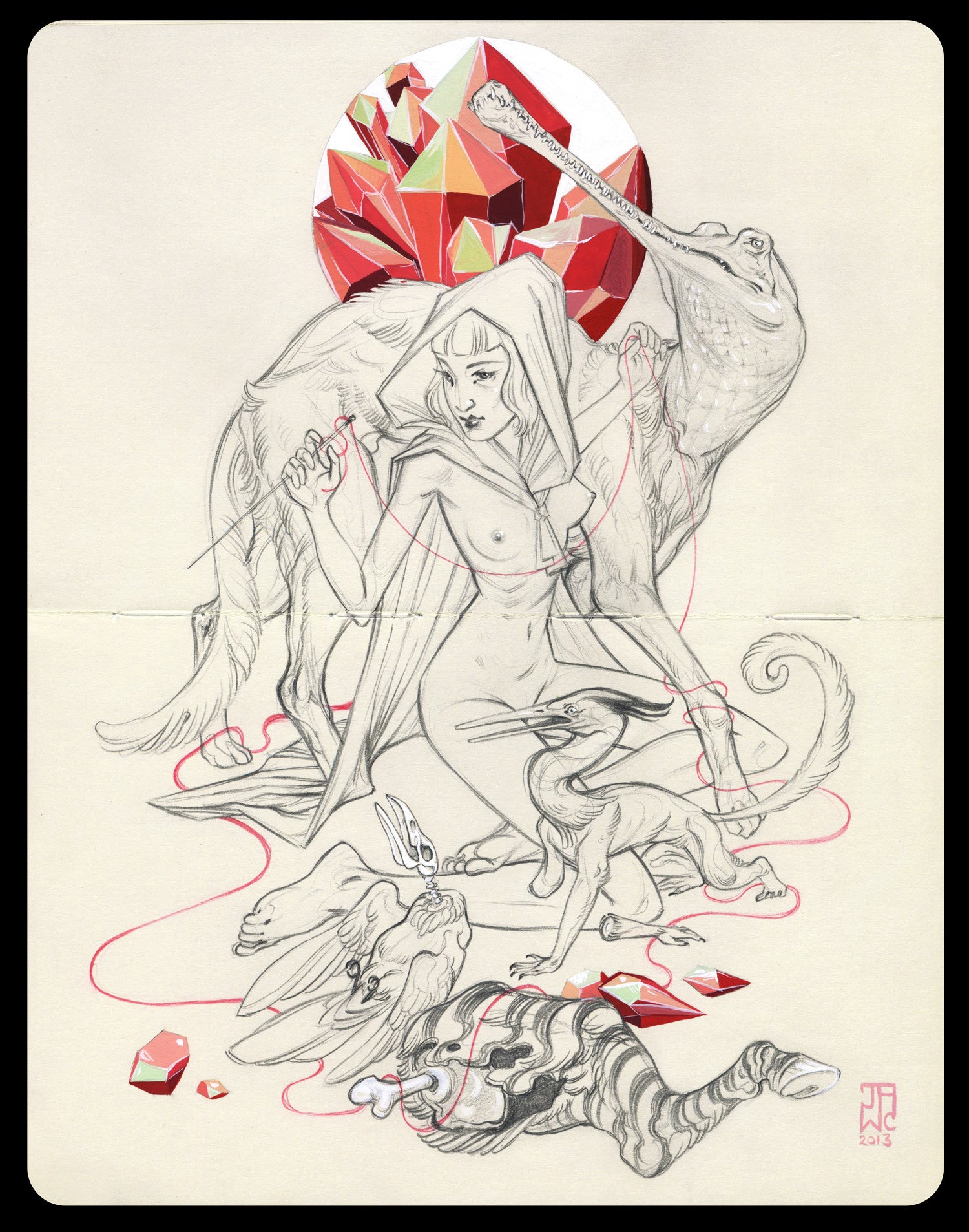 A J.A.W. Cooper-inspired surreal drawing shows a robed figure with mythical creatures, such as chameleons and dragon-like beings. A red and white geometric shape floats above, surrounded by intricate red lines created in gouache and graphite, adding to the mystical atmosphere.