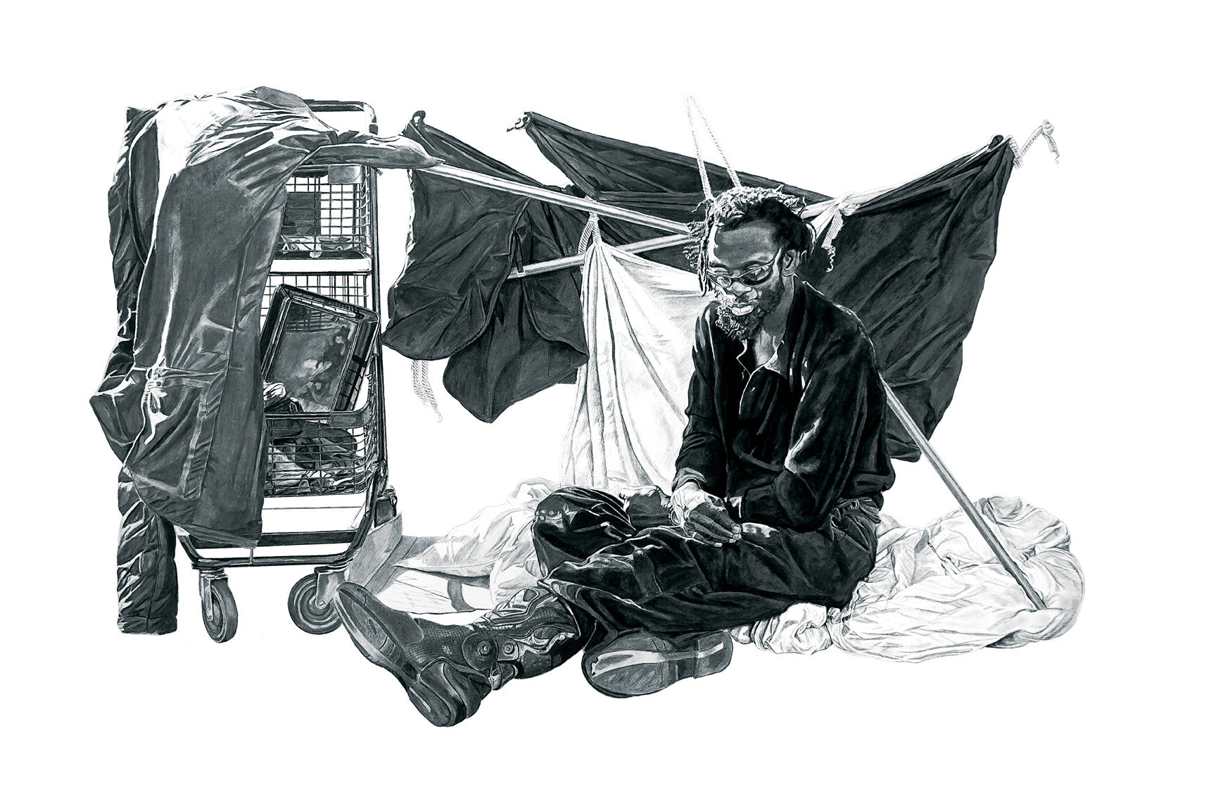 A fine art giclée print by Joel Phillips shows a person seated beside a shopping cart of belongings, clothes hanging on a makeshift structure behind them. Created with archival Epson HDR inks on Italian cold press watercolor paper, the black and white artwork captures them deep in thought.