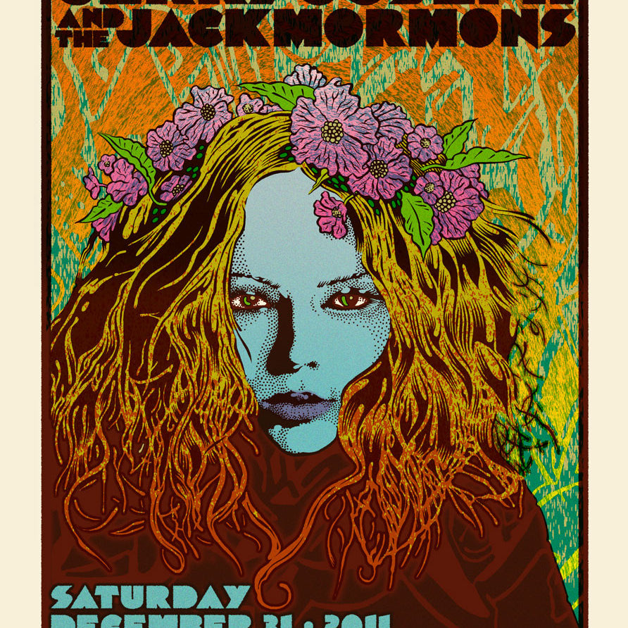 This Chuck Sperry-inspired psychedelic concert poster for Jerry Joseph and the Jackmormons features an illustrated woman with flowing hair and flowers on a vibrant background. The event took place on Saturday, December 31, 2011, at Dante’s in Portland.