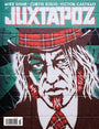Juxtapoz magazines cover features a street art mural of a stylized man in a suit with a red plaid top hat and solemn expression, set against green and black tones.