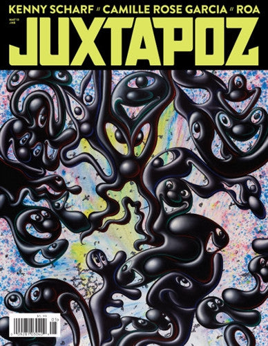 Juxtapoz Magazines cover features an abstract masterpiece by Kenny Scharf with black fluid shapes on vibrant backgrounds, alongside artist names Camille Rose Garcia and Roa, creating a dynamic gallery of creativity.