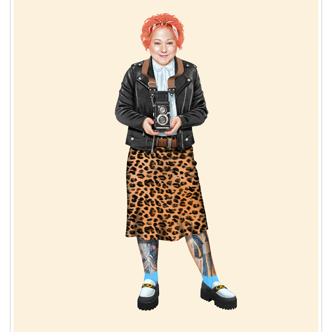 Jason Raish - Estelle Constanza from Seinfeld dressed in hipster clothing with a medium format camera