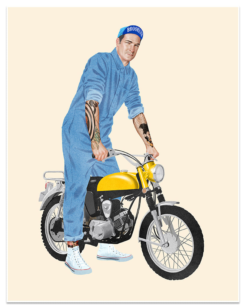 Jason Raish - Puddy from Seinfeld in hipster coveralls on a dirtbike
