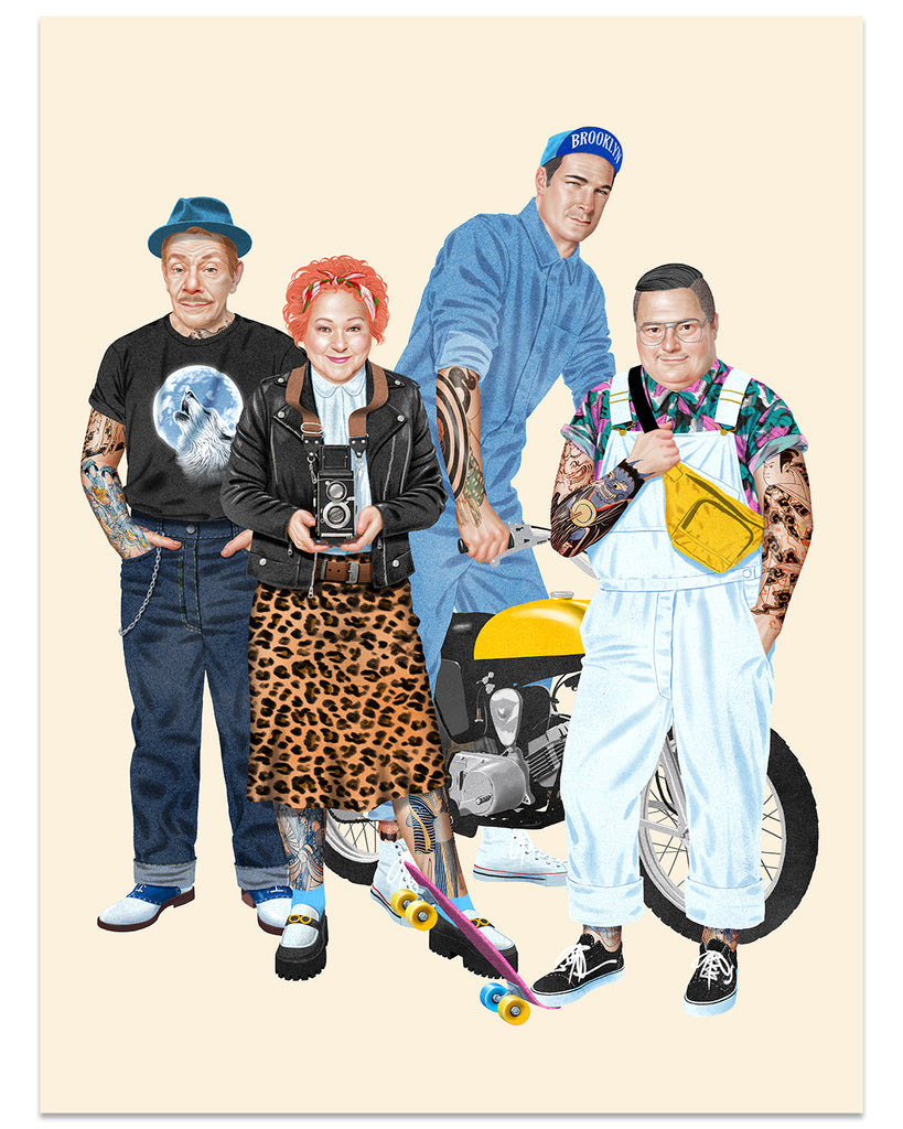 Jason Raish - Frank and Estelle Constanza with Puddy and Newman from Seinfeld in hipster garb with tattoos