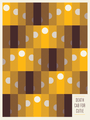 Abstract geometric poster with a plaid pattern of yellow, brown, and orange rectangles adorned with white circles. This Jason Munn design features Death Cab for Cutie at the bottom right corner, merging art and indie music charm.