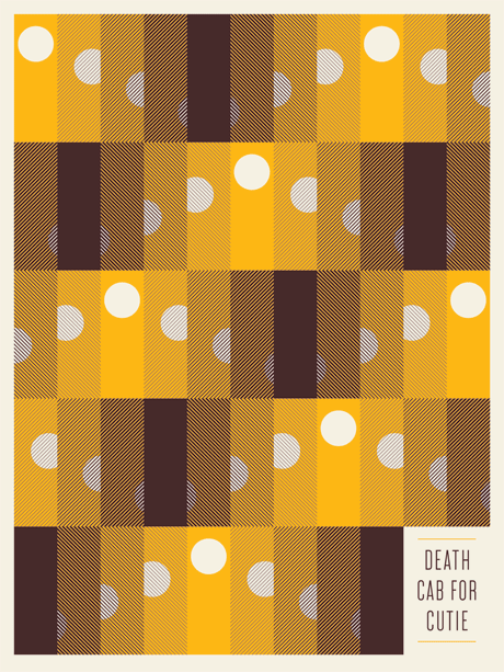 Abstract geometric poster with a plaid pattern of yellow, brown, and orange rectangles adorned with white circles. This Jason Munn design features Death Cab for Cutie at the bottom right corner, merging art and indie music charm.