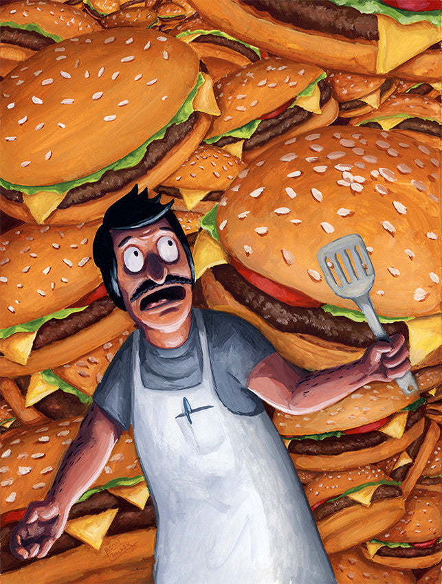 A mustached cartoon man in an apron, bearing a resemblance to Bob from Bobs Burgers, holds a spatula with a surprised expression. He stands amidst towering cheeseburgers like an art exhibit, transforming delicious dreams into reality. Artwork by Jason Chalker.