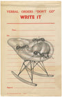 An ant carrying a human ear on a rocking chair in Jason DAquinos meticulous graphite style. Red text states: VERBAL ORDERS DONT GO WRITE IT. Below are spots for date and signature, all on a notebook paper background.