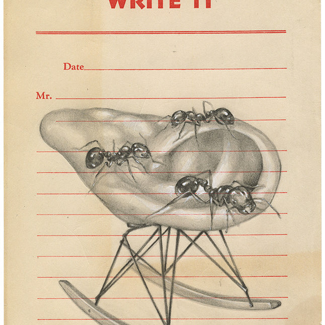An ant carrying a human ear on a rocking chair in Jason DAquinos meticulous graphite style. Red text states: VERBAL ORDERS DONT GO WRITE IT. Below are spots for date and signature, all on a notebook paper background.