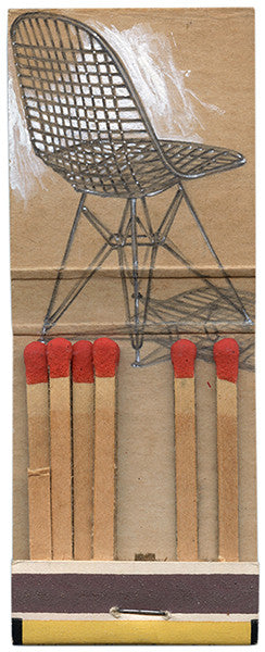 A graphite sketch of an Eames Chair on a cardboard matchbook cover, complete with six red-tipped matches, is presented by Jason DAquino. This artwork cleverly blends iconic design with everyday items for a captivating effect.