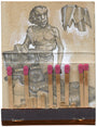 A mixed media piece from Jason DAquino features a graphite-sketched reclining nude on a matchbook. Matches with pink tips, partially burnt with one missing from a torn strip, adorn the foreground, reflecting DAquinos unique style.