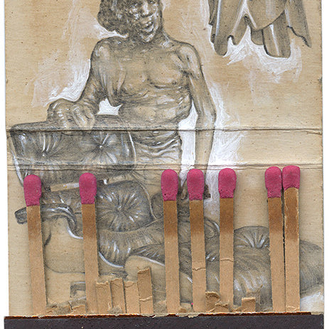 A mixed media piece from Jason DAquino features a graphite-sketched reclining nude on a matchbook. Matches with pink tips, partially burnt with one missing from a torn strip, adorn the foreground, reflecting DAquinos unique style.