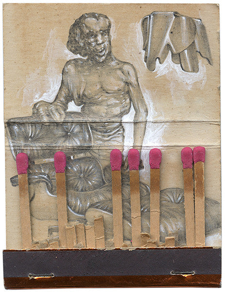 A mixed media piece from Jason DAquino features a graphite-sketched reclining nude on a matchbook. Matches with pink tips, partially burnt with one missing from a torn strip, adorn the foreground, reflecting DAquinos unique style.