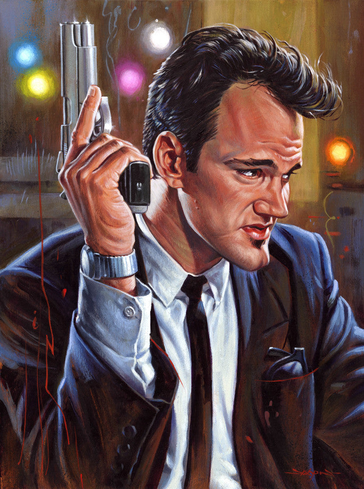 A man in a suit, possibly Mr. Brown, holds a gun to his face with a solemn expression. His slicked-back hair and dark tie contrast the colorful, blurred lights behind him. Jason Edmistons signature acrylic on wood panel technique adds dramatic paint streaks for effect.