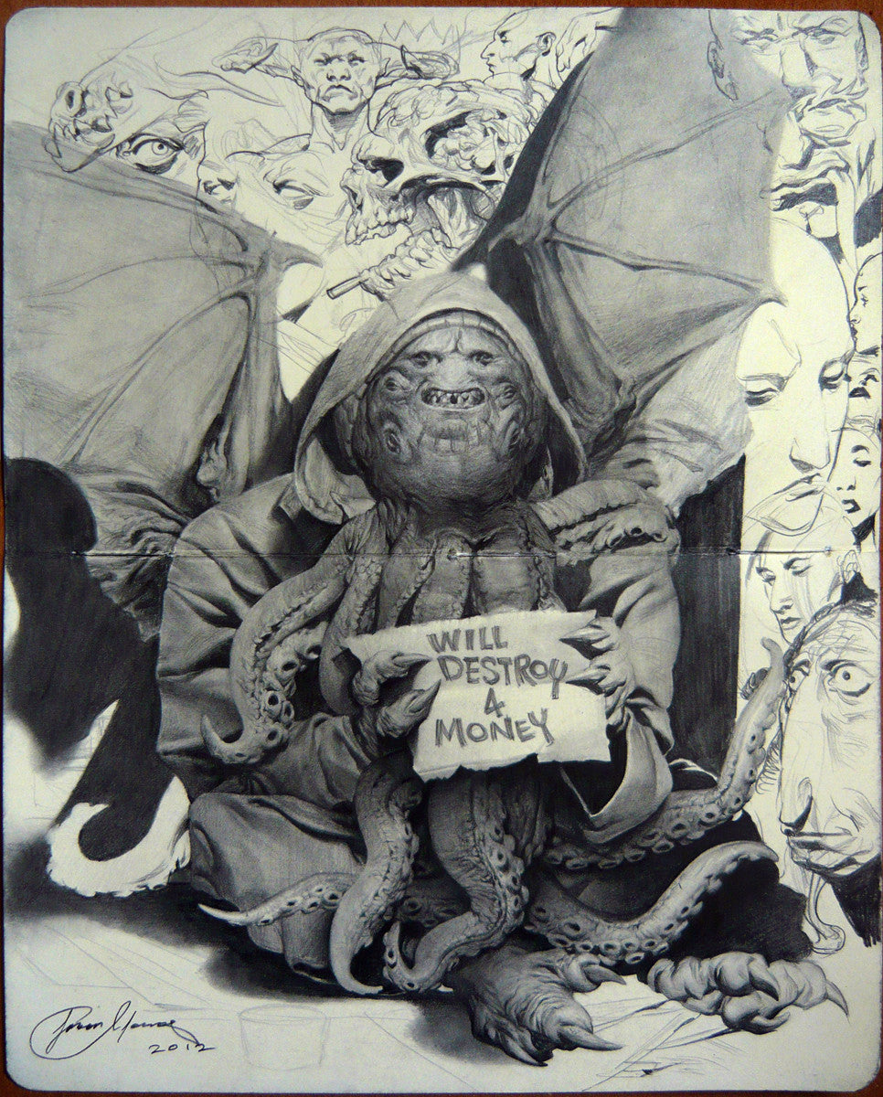 Jason Hongs detailed Moleskine drawing showcases a Cthulhu-like creature with tentacles, wings, and hood holding a Will Destroy for Money sign. The chaotic background is filled with faces and skulls. The artwork is signed and dated 2012.