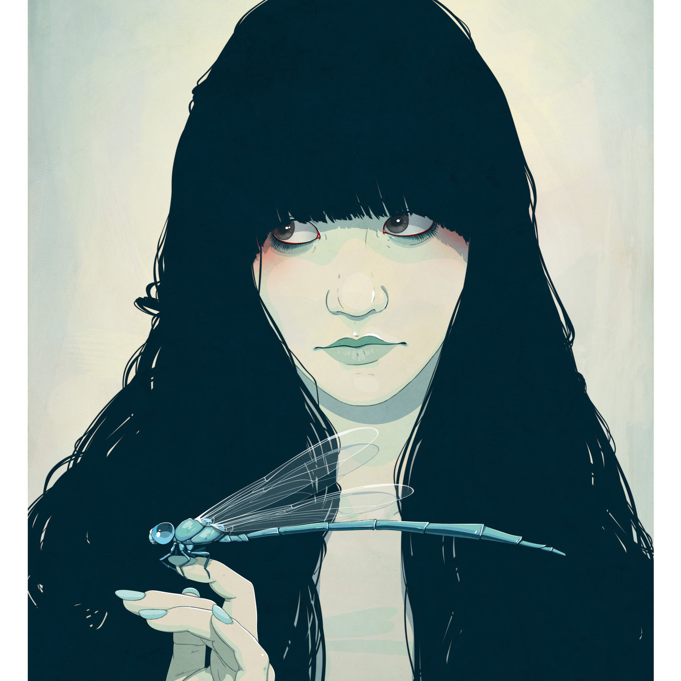 An illustrated portrait by Jason Levesque depicts a woman with long dark hair and bangs, holding a dragonfly. She gazes thoughtfully to the side against a soft gradient backdrop, creating a serene mood. This fine art giclée print is available as a signed and numbered edition.