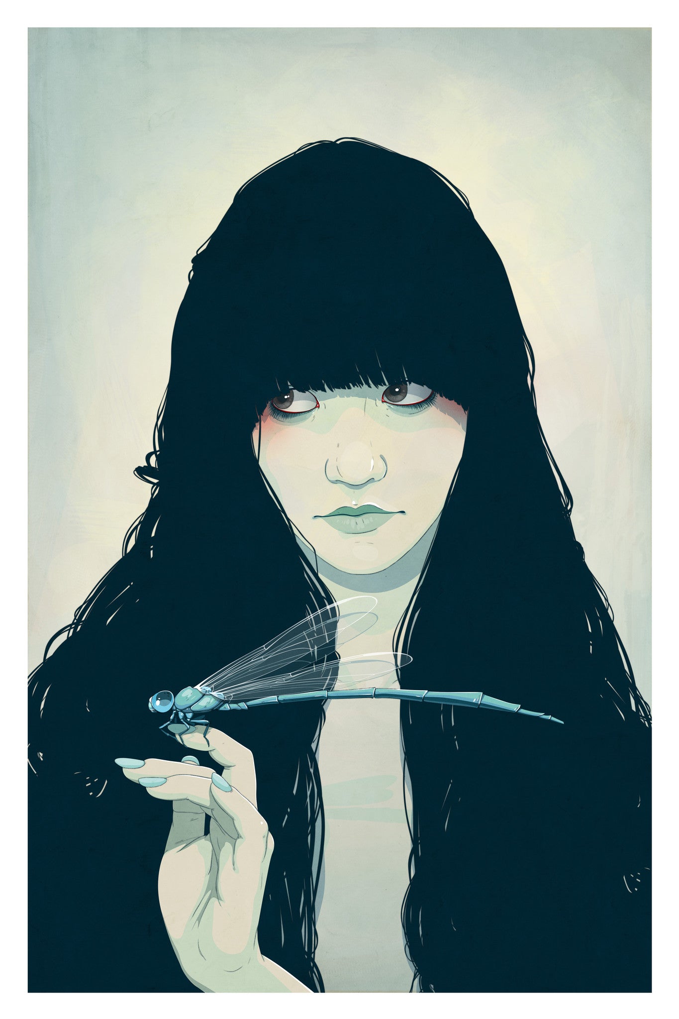 An illustrated portrait by Jason Levesque depicts a woman with long dark hair and bangs, holding a dragonfly. She gazes thoughtfully to the side against a soft gradient backdrop, creating a serene mood. This fine art giclée print is available as a signed and numbered edition.
