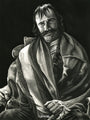 A black and white portrait by Jayson Weidel features a man with long hair and a mustache, draped in an American flag-like cloak. His contemplative gaze captures the essence of Scorseses art, set against a dark background highlighting the depth of film preservation.