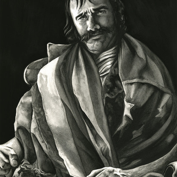 A black and white portrait by Jayson Weidel features a man with long hair and a mustache, draped in an American flag-like cloak. His contemplative gaze captures the essence of Scorseses art, set against a dark background highlighting the depth of film preservation.